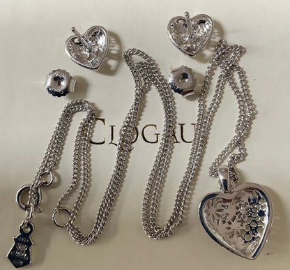 Clogau Floral Heart earrings and necklace set 16-18” Rare silver and rose gold