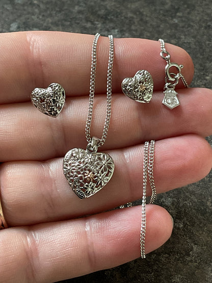 Clogau Floral Heart earrings and necklace set 16-18” Rare silver and rose gold