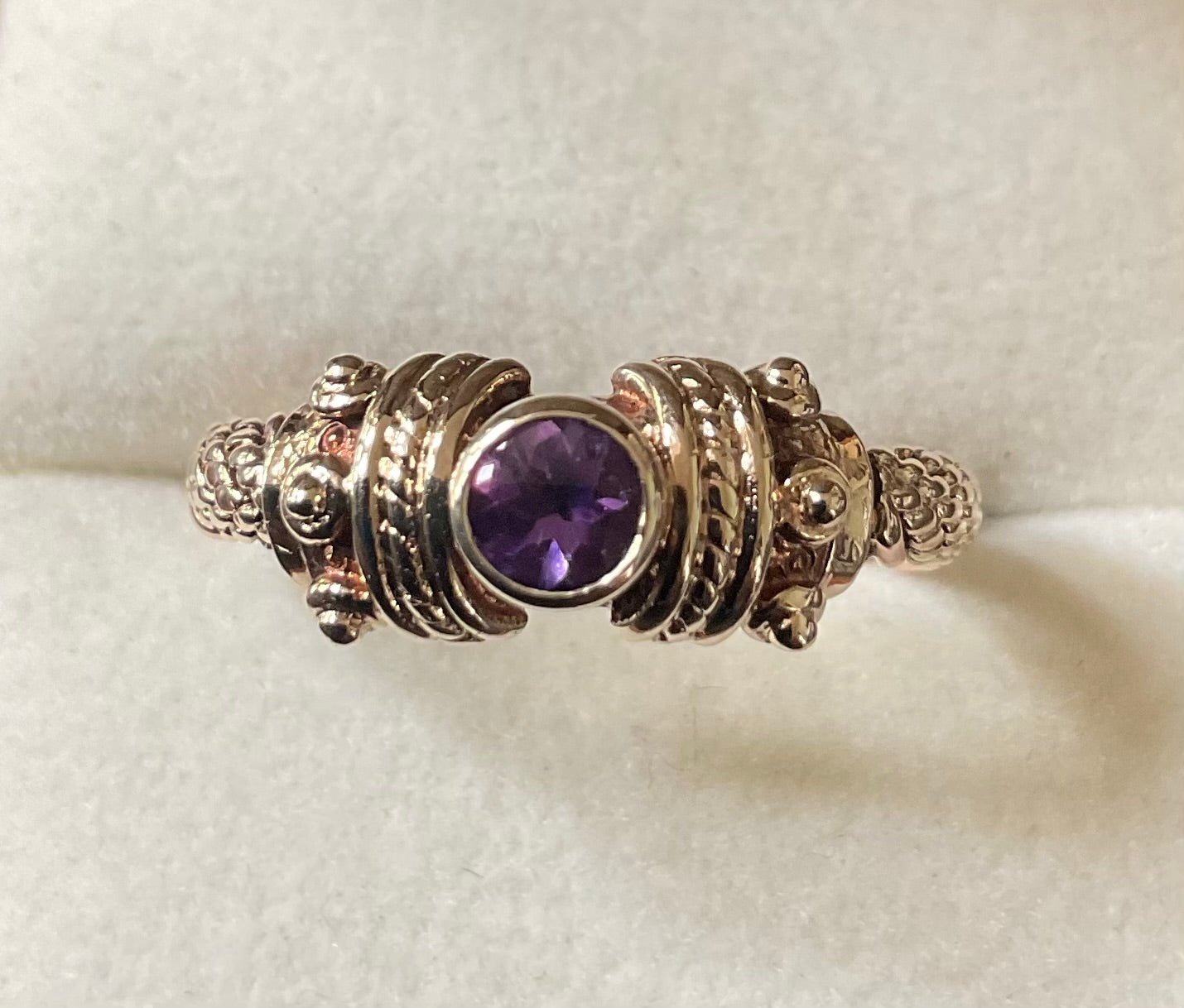 Clogau 9ct Rare Vintage Amethyst Cabochon Byzantine Weave ring size O 1995 yellow and rose gold