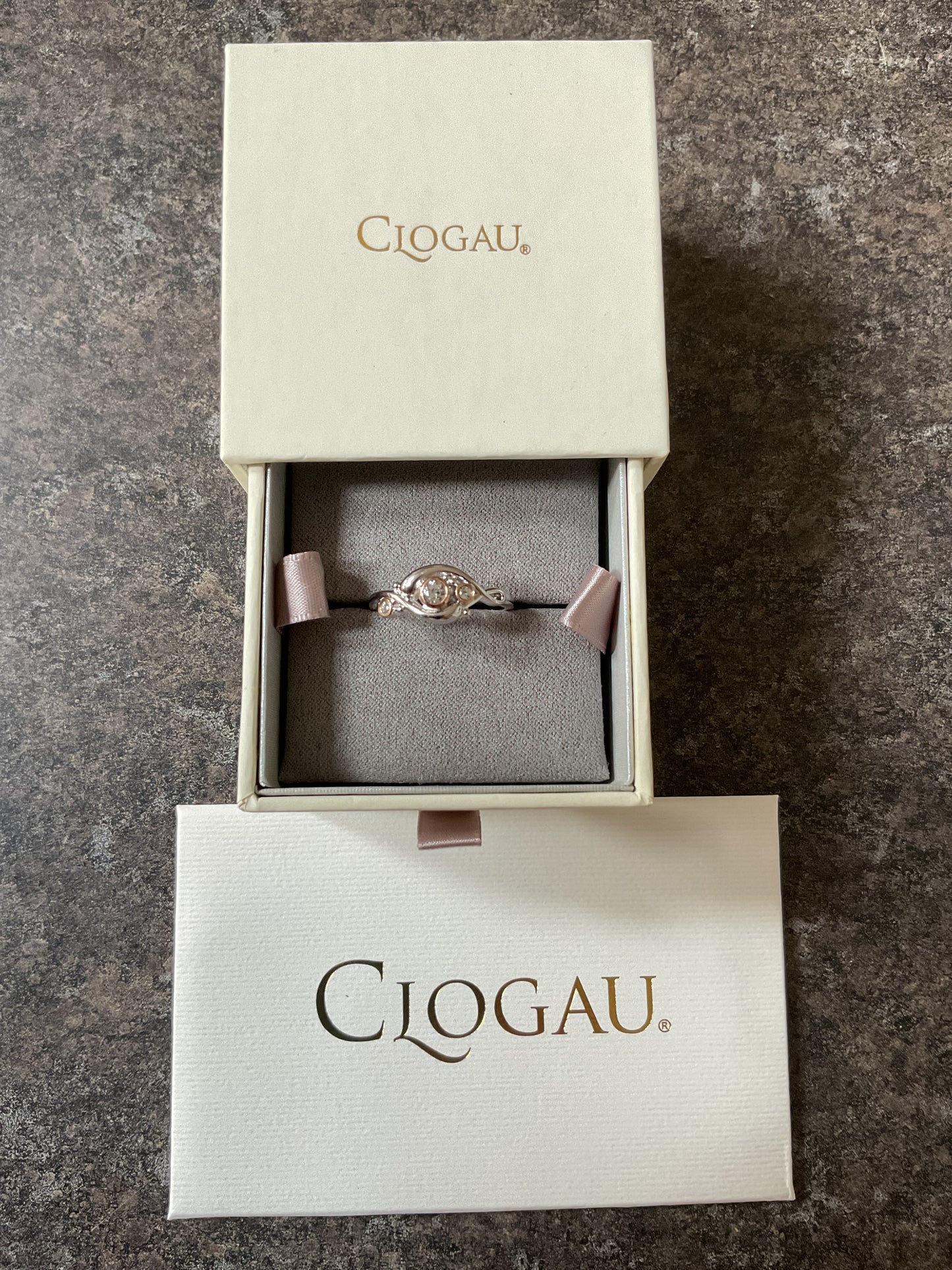 Clogau Pistyll Rhaeadr white topaz waterfall ring in silver and rose gold sizes Q and T available