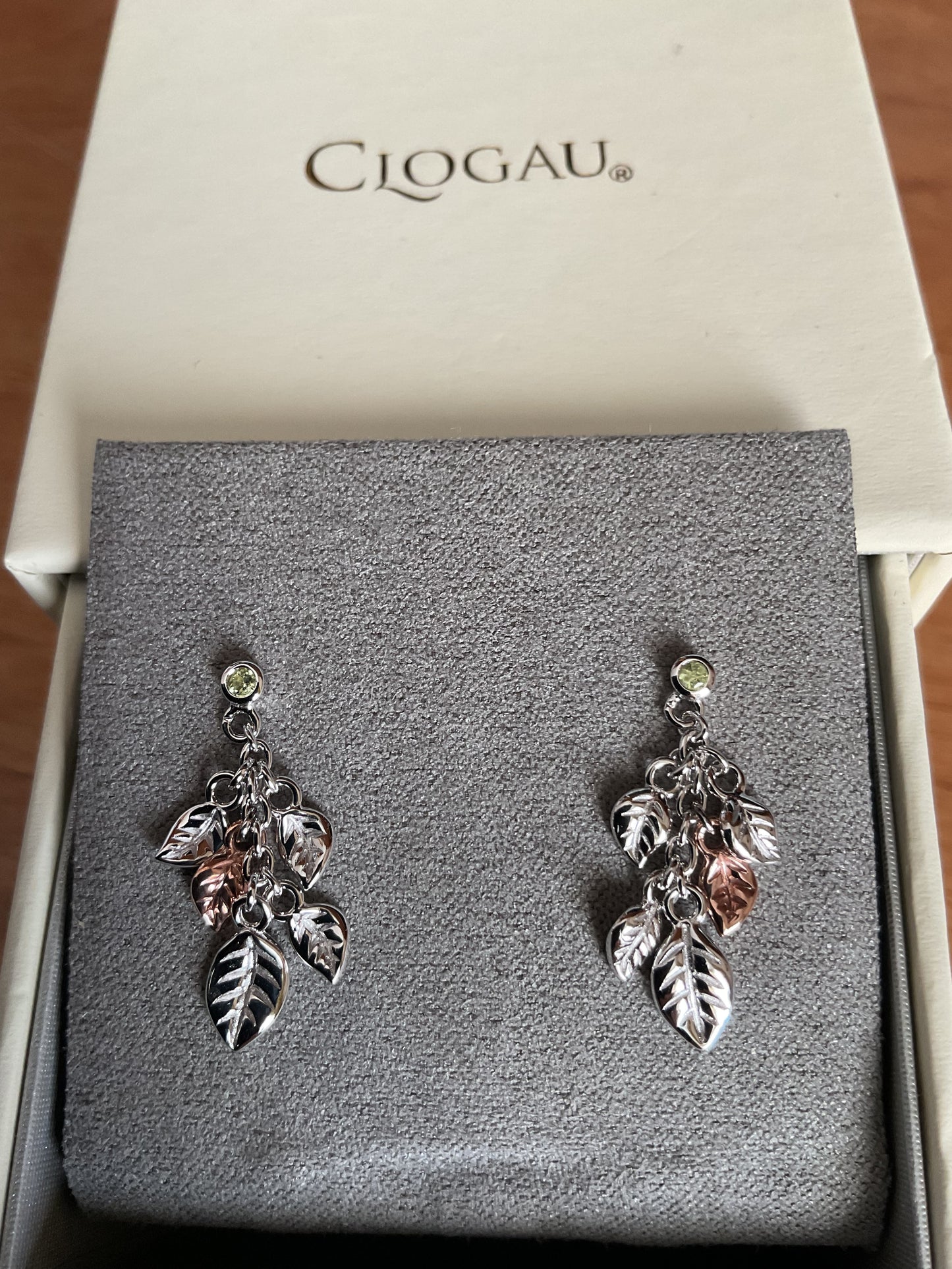 New! Clogau Awelon Peridot drop leaves earrings in silver and rose gold