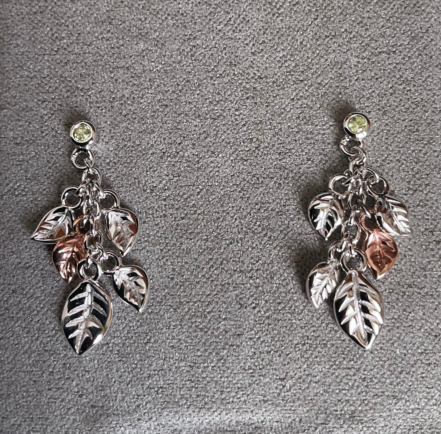 New! Clogau Awelon Peridot drop leaves earrings in silver and rose gold