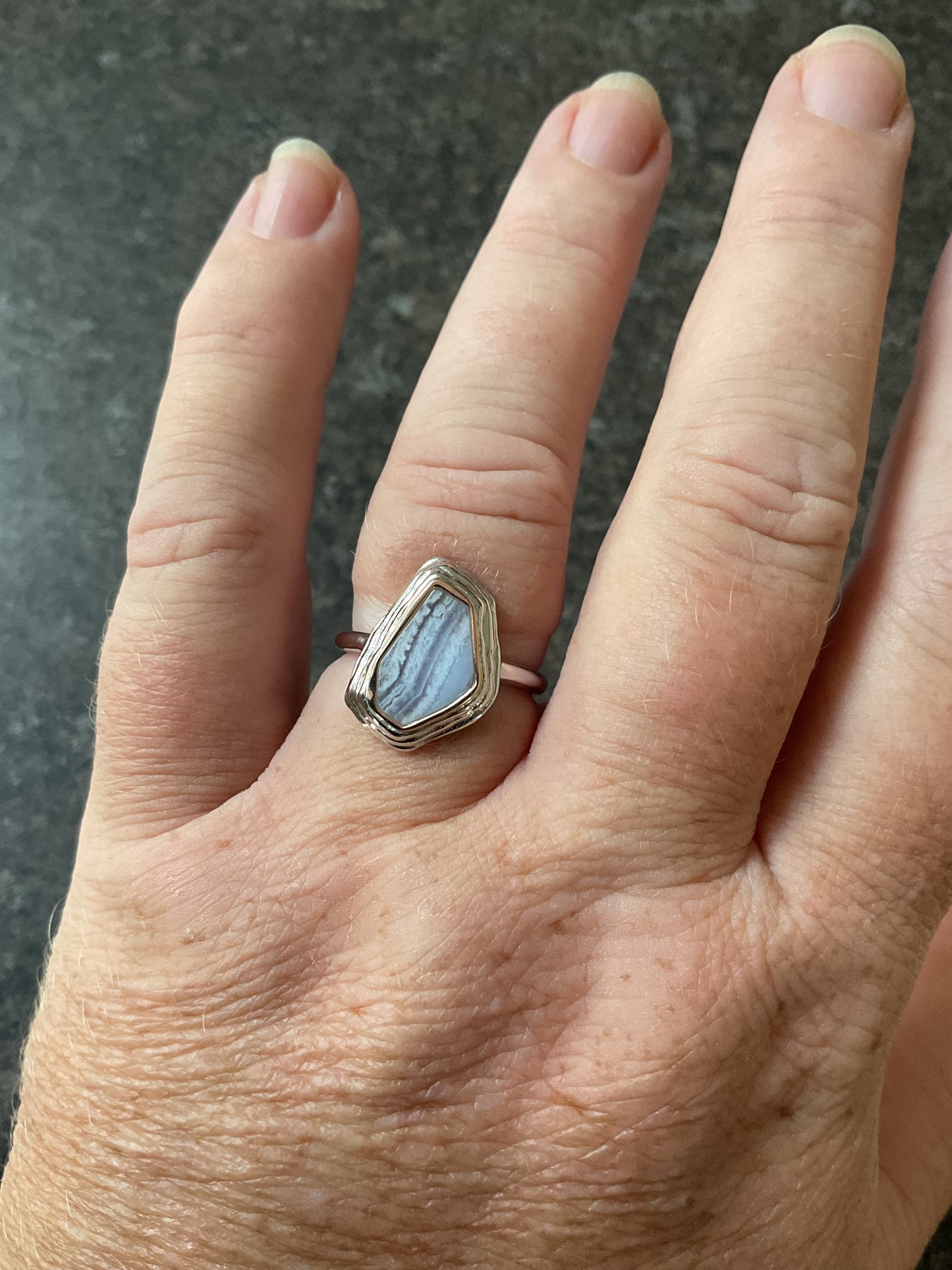 Clogau Capstones Blue Lace Agate ring size O in silver and rose gold