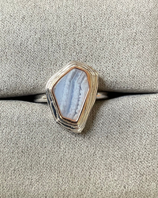 Clogau Capstones Blue Lace Agate ring size O in silver and rose gold