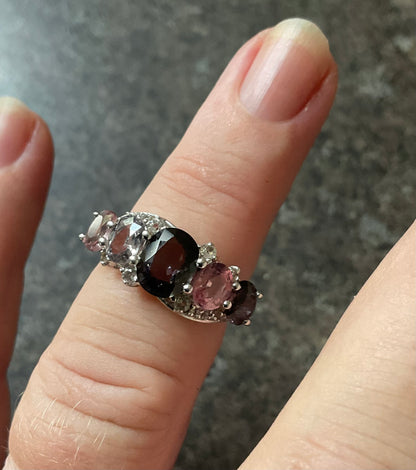 925 Multicolour Spinel 5 stone silver ring with clear stones size L1/2 TGGC