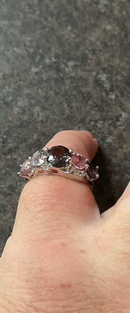 925 Multicolour Spinel 5 stone silver ring with clear stones size L1/2 TGGC