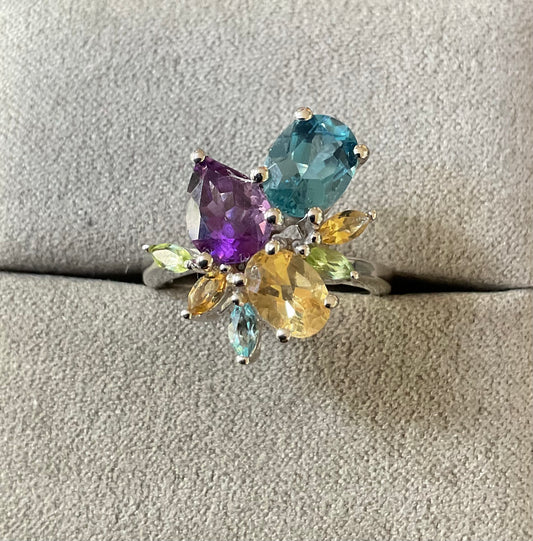 925 Multi gemstone Topaz Amethyst Citrine & Peridot oval pear & marquise cut sterling silver ring size L1/2 TGGC