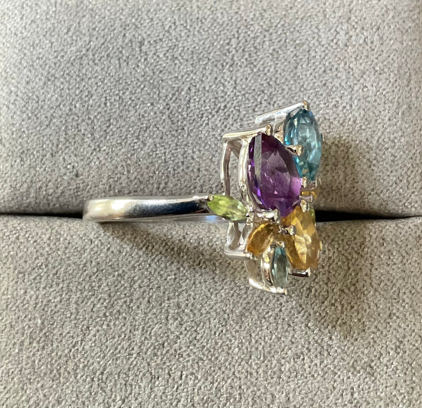 925 Multi gemstone Topaz Amethyst Citrine & Peridot oval pear & marquise cut sterling silver ring size L1/2 TGGC