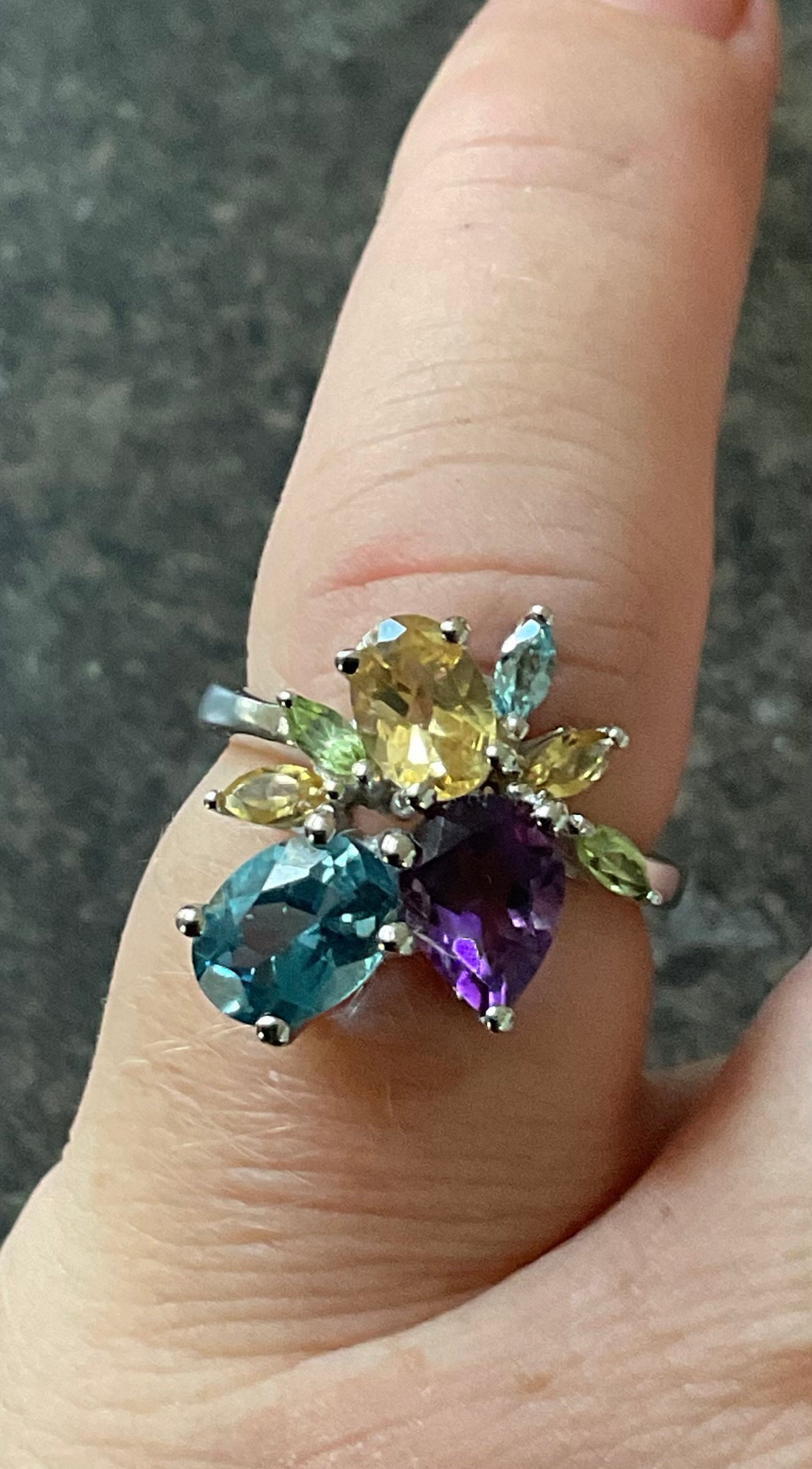 925 Multi gemstone Topaz Amethyst Citrine & Peridot oval pear & marquise cut sterling silver ring size L1/2 TGGC
