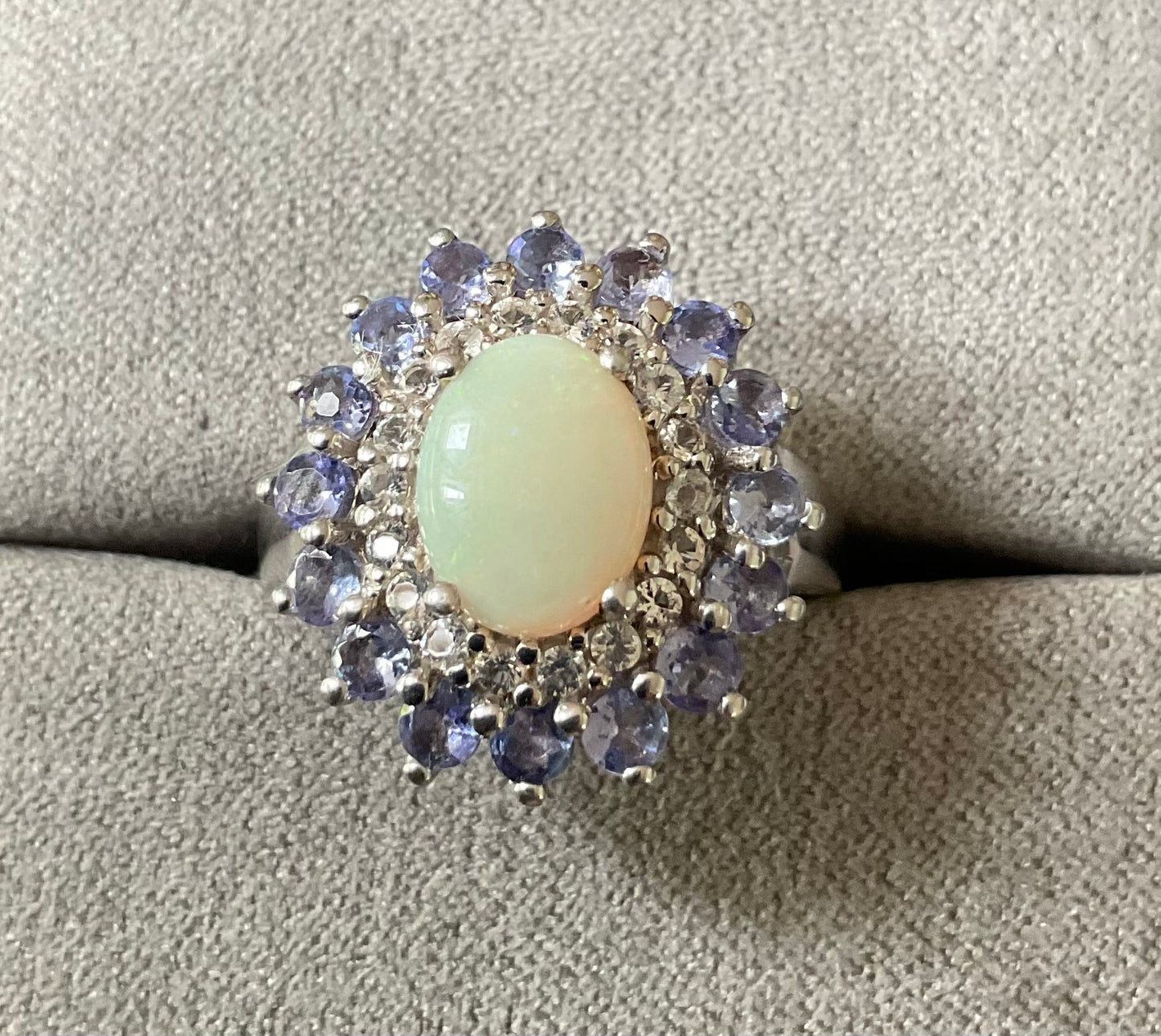 925 Opal Tanzanite and Zircon oval cluster halo sterling silver ring size L TGGC