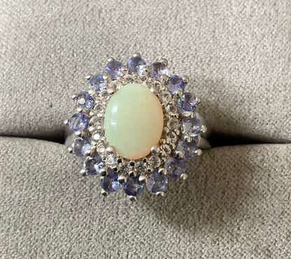 925 Opal Tanzanite and Zircon oval cluster halo sterling silver ring size L TGGC