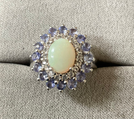 925 Opal Tanzanite and Zircon oval cluster halo sterling silver ring size L TGGC