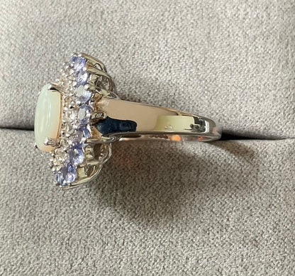925 Opal Tanzanite and Zircon oval cluster halo sterling silver ring size L TGGC