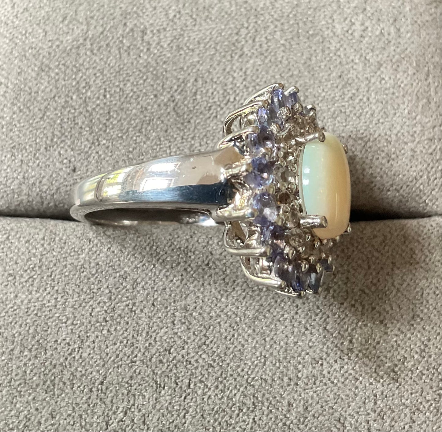 925 Opal Tanzanite and Zircon oval cluster halo sterling silver ring size L TGGC