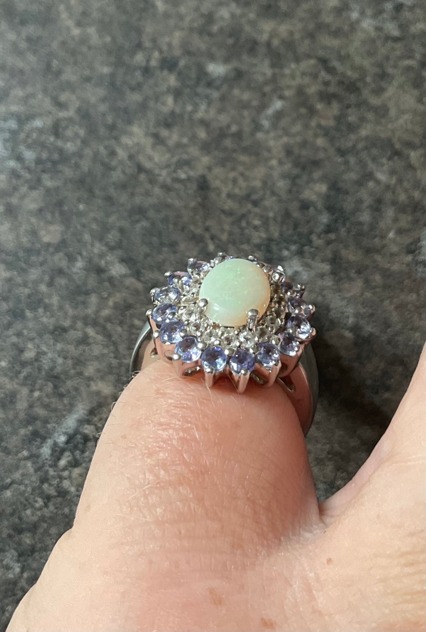 925 Opal Tanzanite and Zircon oval cluster halo sterling silver ring size L TGGC