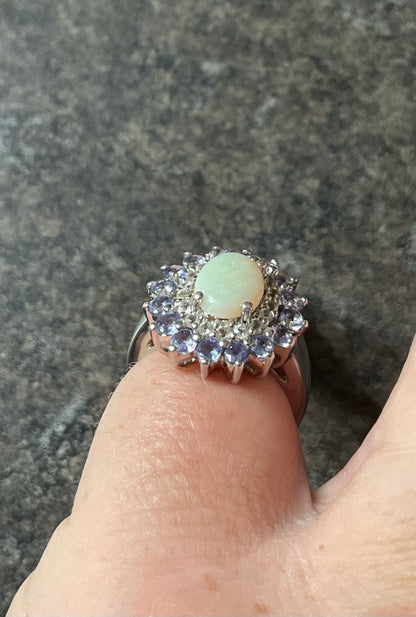 925 Opal Tanzanite and Zircon oval cluster halo sterling silver ring size L TGGC