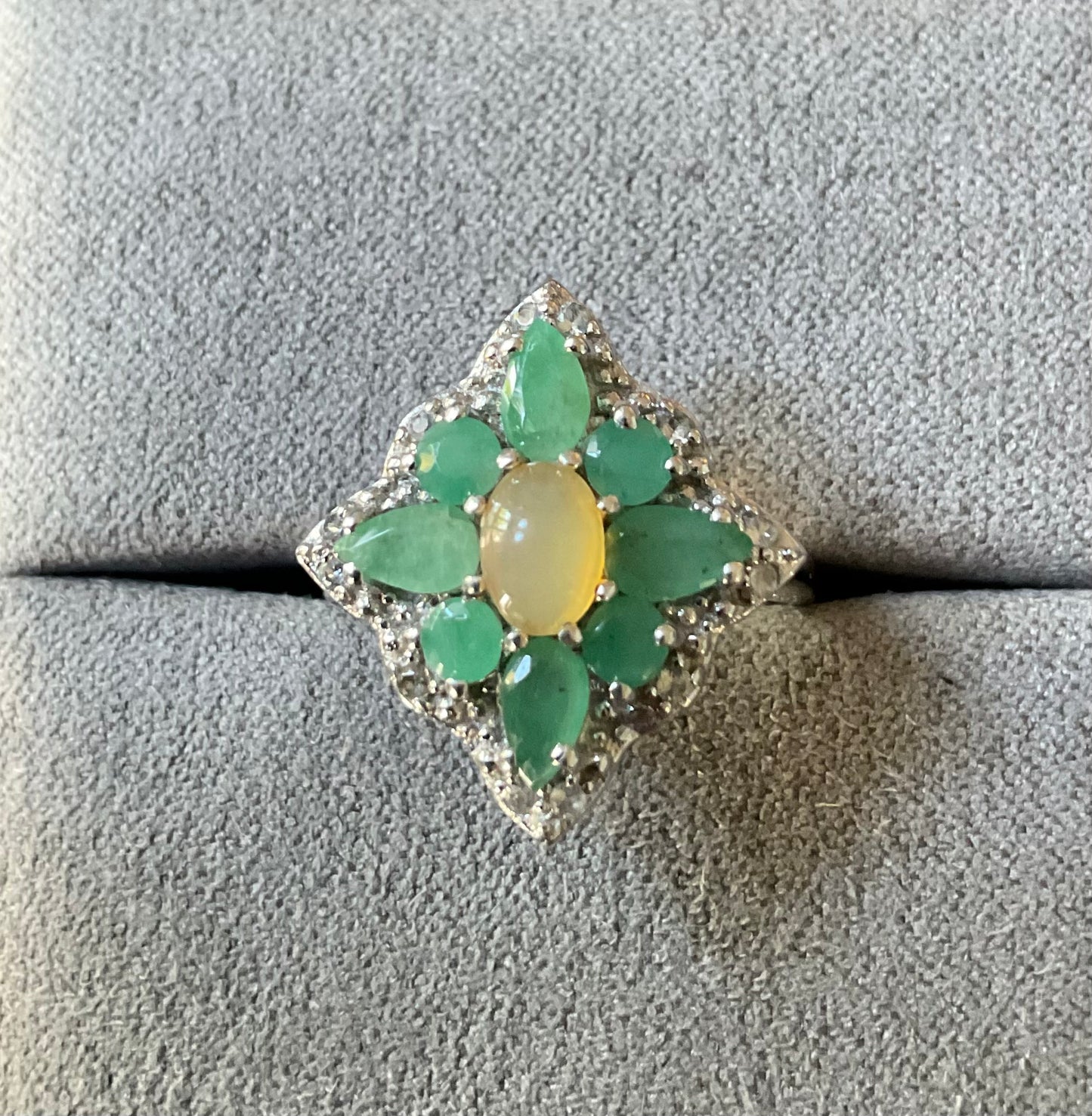 925 Welo Opal Emerald & Zircon cluster halo sterling silver ring size L TGGC