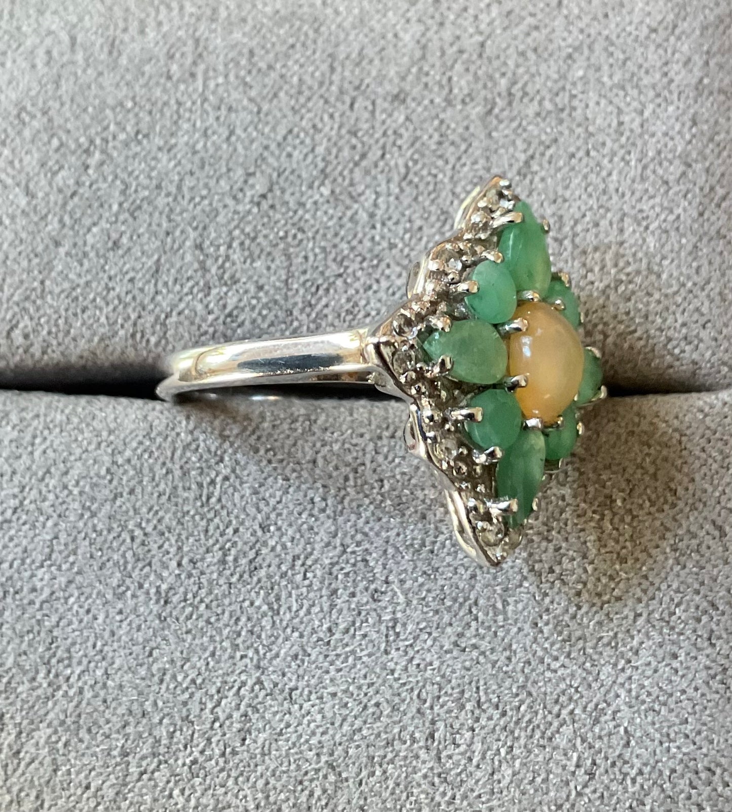 925 Welo Opal Emerald & Zircon cluster halo sterling silver ring size L TGGC