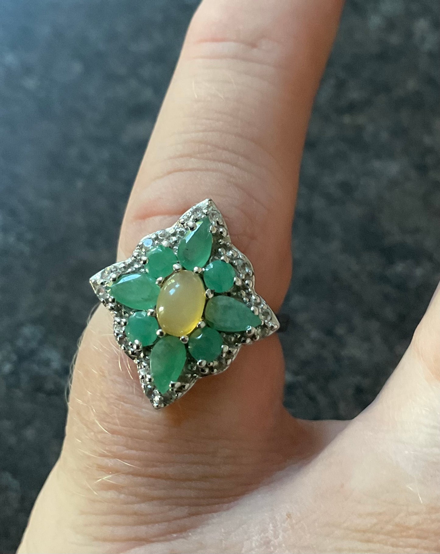 925 Welo Opal Emerald & Zircon cluster halo sterling silver ring size L TGGC