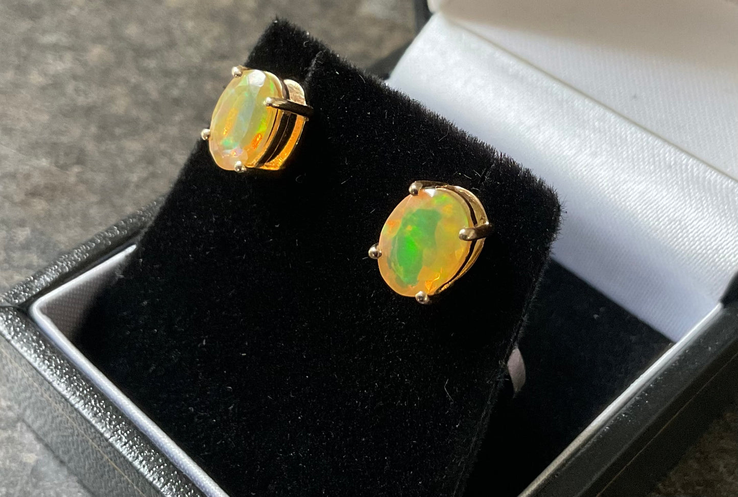 10K Ethiopian Welo Opal Oval cut stud earrings 8x6mm yellow gold TGGC
