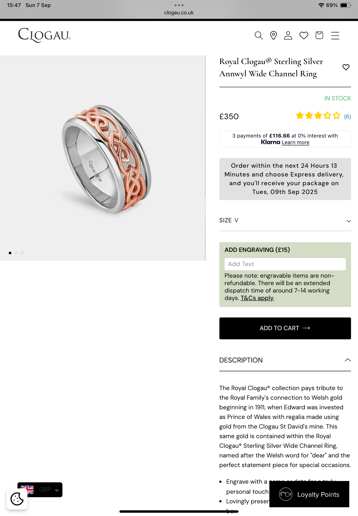 Royal Clogau Sterling Silver Annwyl 7mm Wide Channel Ring size V1/2 silver and rose gold RRP £350