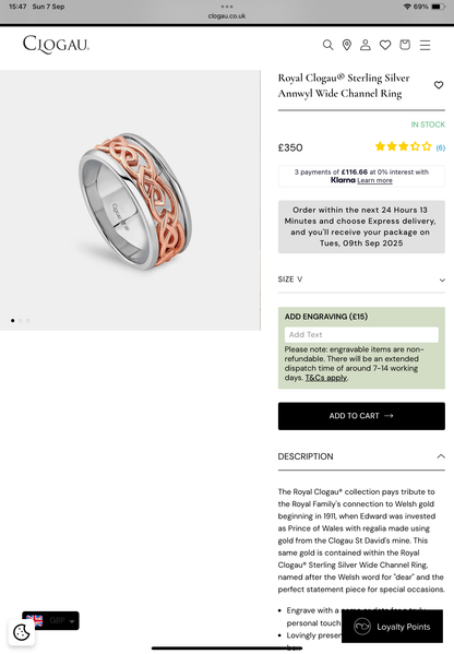 Royal Clogau Sterling Silver Annwyl 7mm Wide Channel Ring size V1/2 silver and rose gold RRP £350