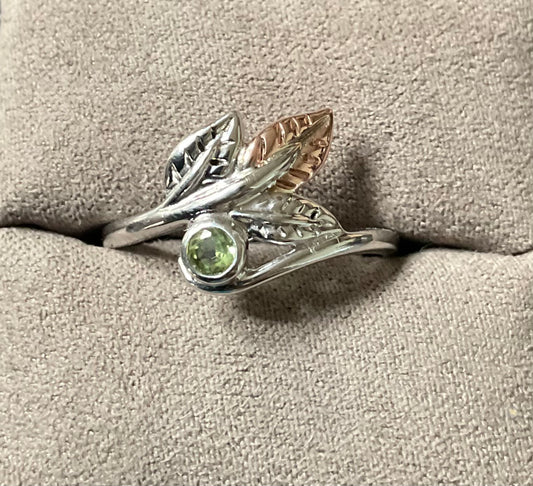 Clogau Awelon Peridot leaves ring size P silver and rose gold