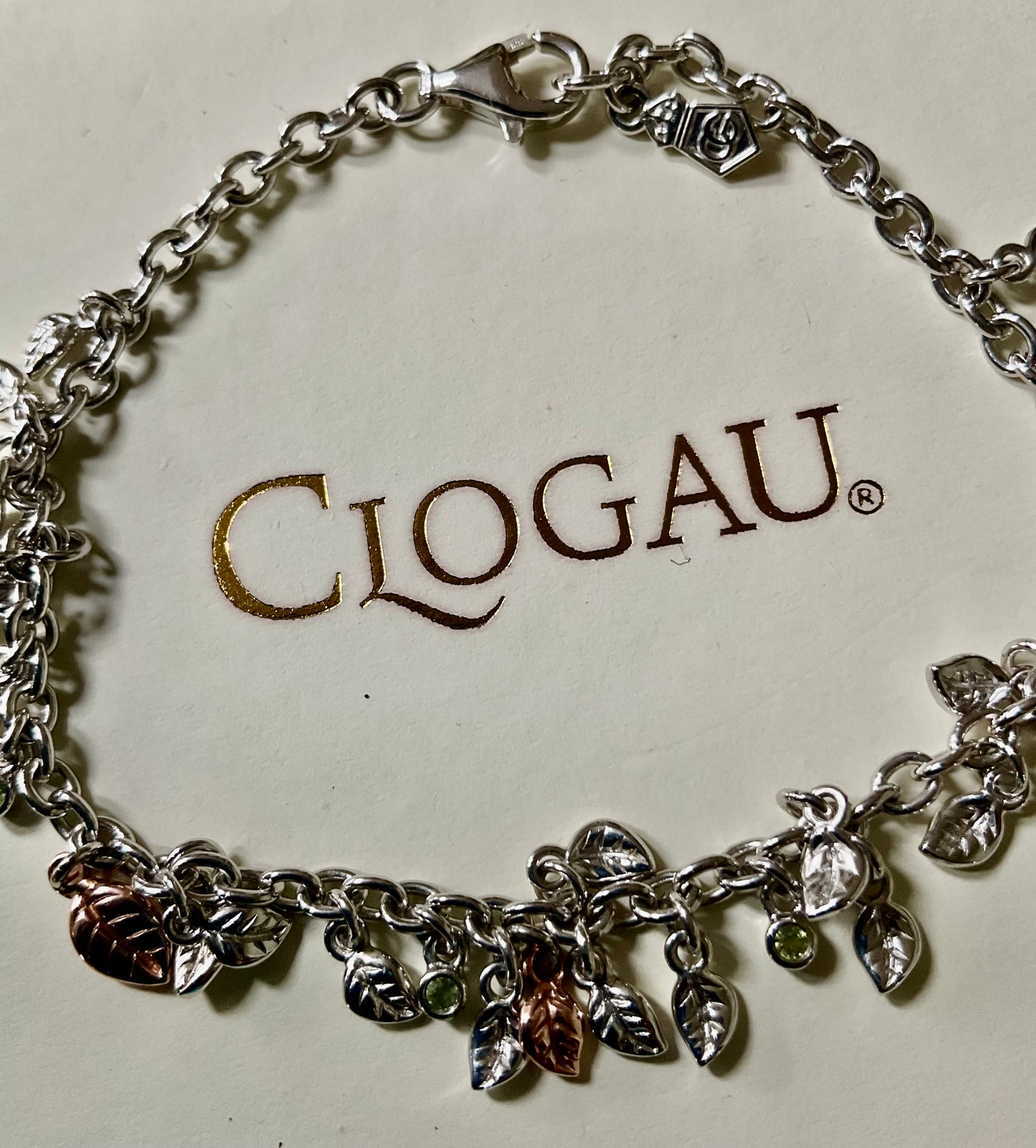 Clogau Awelon Peridot Leaves bracelet 18.5cm in silver and rose gold