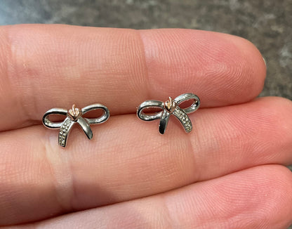 Clogau White Topaz Tree of Life Bow stud earrings in silver and rose gold