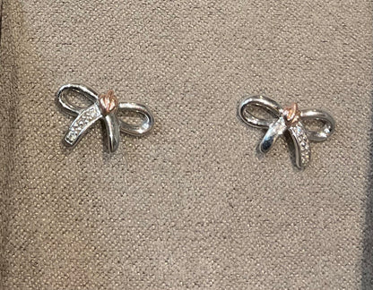 Clogau White Topaz Tree of Life Bow stud earrings in silver and rose gold