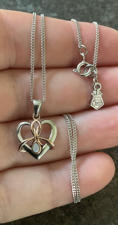 Clogau Dwynwen Forever Yours Opal Heart pendant necklace 18-22” in silver and rose gold