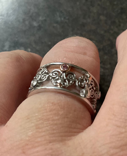 Clogau Bohemia Pink Sapphire Fleur-de-lis ring size P in silver and rose gold