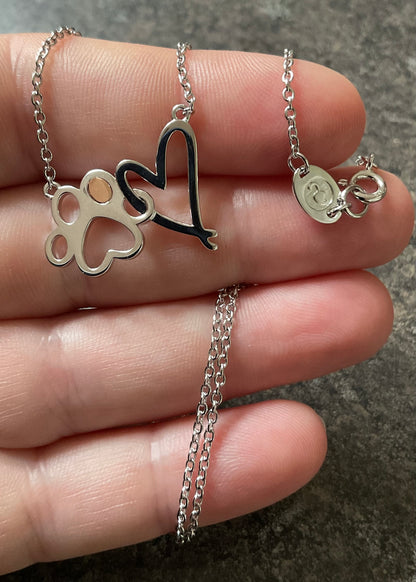 Clogau Paw Prints on my Heart necklet necklace 18” in silver and rose gold