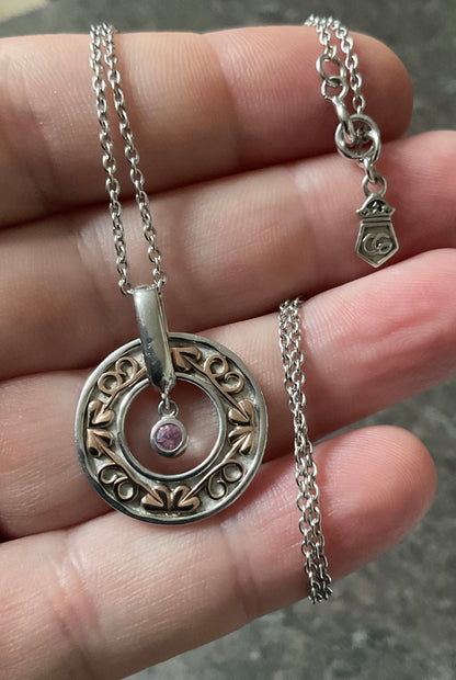 Clogau Tree of Life Pink Sapphire turning circle pendant necklace 18” in silver and rose gold