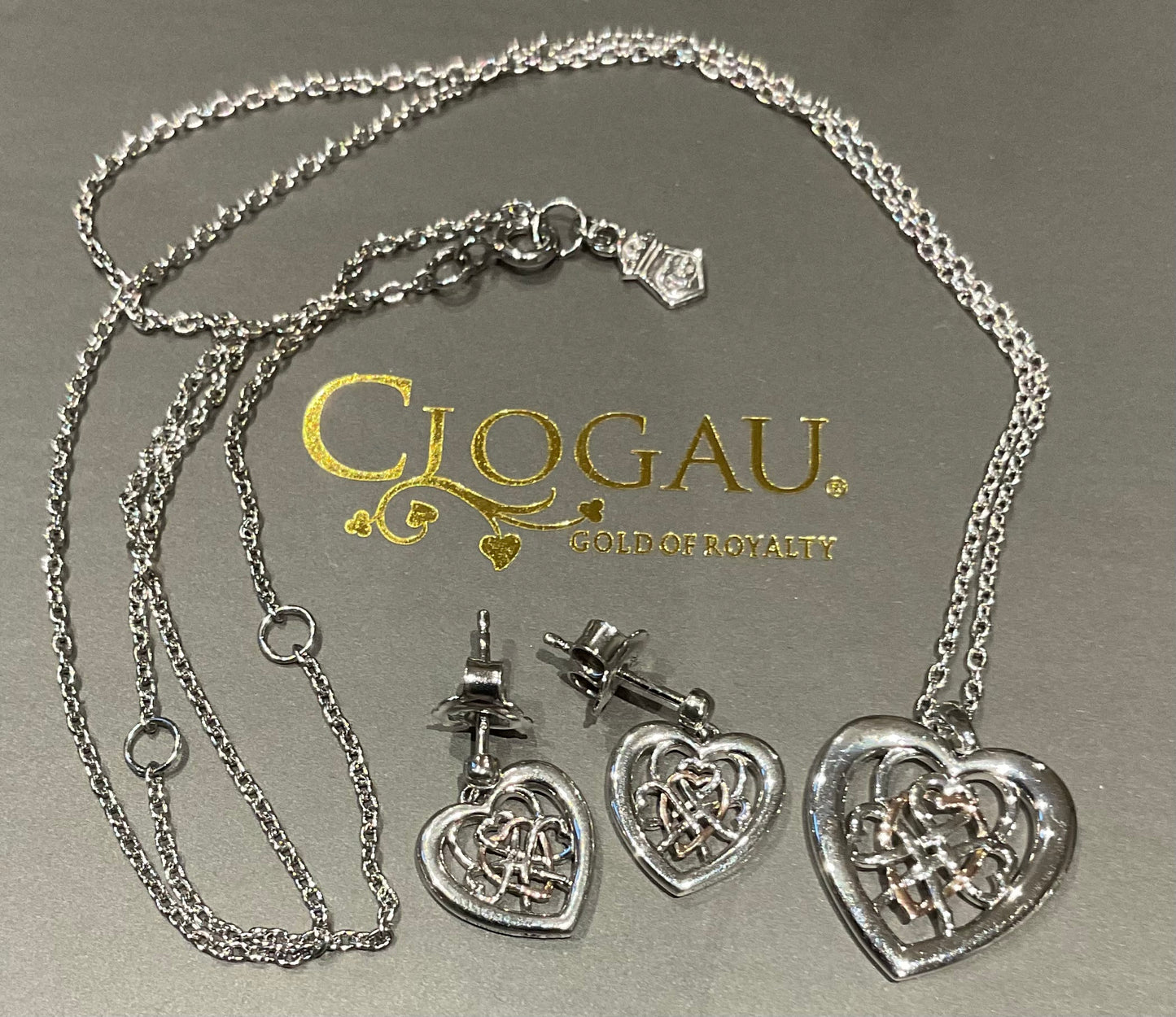 Clogau Welsh Royalty Heart pendant necklace and earrings set in silver and rose gold