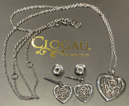 Clogau Welsh Royalty Heart pendant necklace and earrings set in silver and rose gold