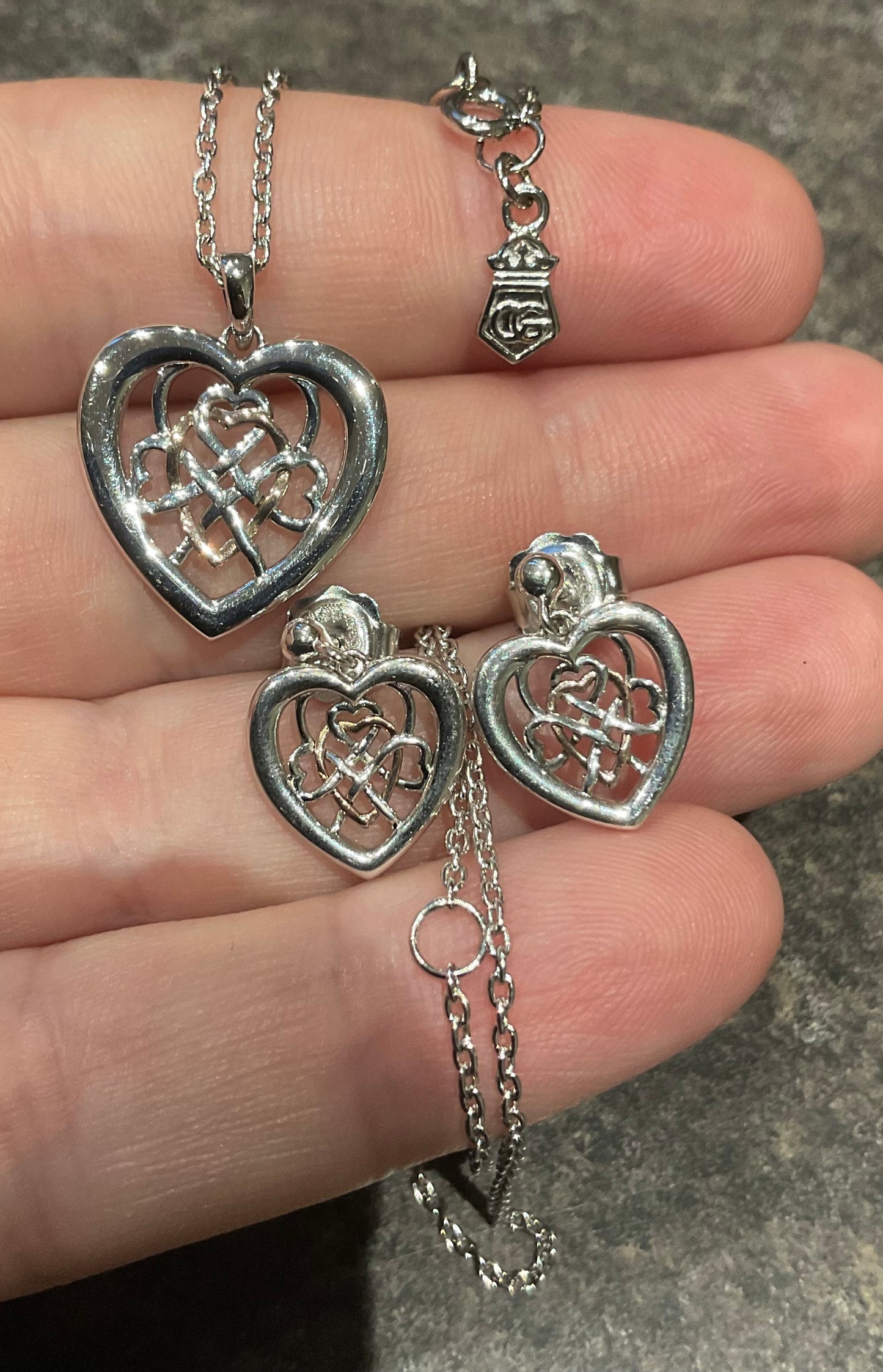 Clogau Welsh Royalty Heart pendant necklace and earrings set in silver and rose gold