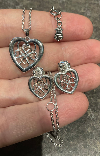 Clogau Welsh Royalty Heart pendant necklace and earrings set in silver and rose gold