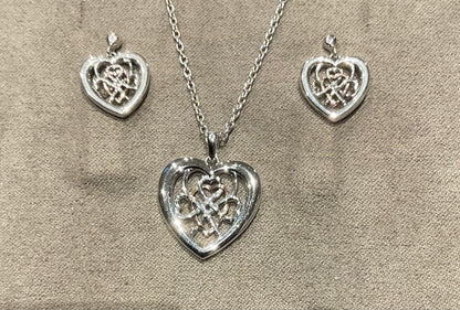 Clogau Welsh Royalty Heart pendant necklace and earrings set in silver and rose gold