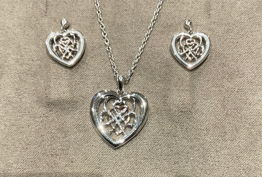 Clogau Welsh Royalty Heart pendant necklace and earrings set in silver and rose gold