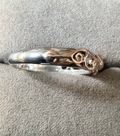 Clogau Tree of Life silver and rose gold foliate narrow band ring size O
