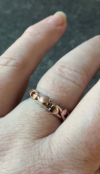 Clogau Tree of Life silver and rose gold foliate narrow band ring size O