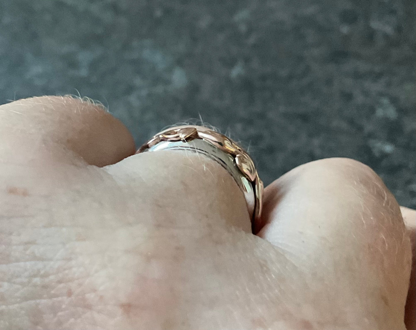 Clogau Tree of Life silver and rose gold foliate narrow band ring size O