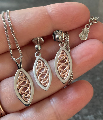 Clogau Queen Eleanor pendant 18” necklace and earrings set in silver and rose gold