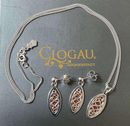 Clogau Queen Eleanor pendant 18” necklace and earrings set in silver and rose gold