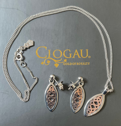 Clogau Queen Eleanor pendant 18” necklace and earrings set in silver and rose gold