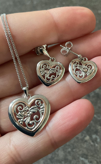 Clogau Tree of Life One Diamond Heart pendant necklace 18-22” and earrings set in silver and rose gold