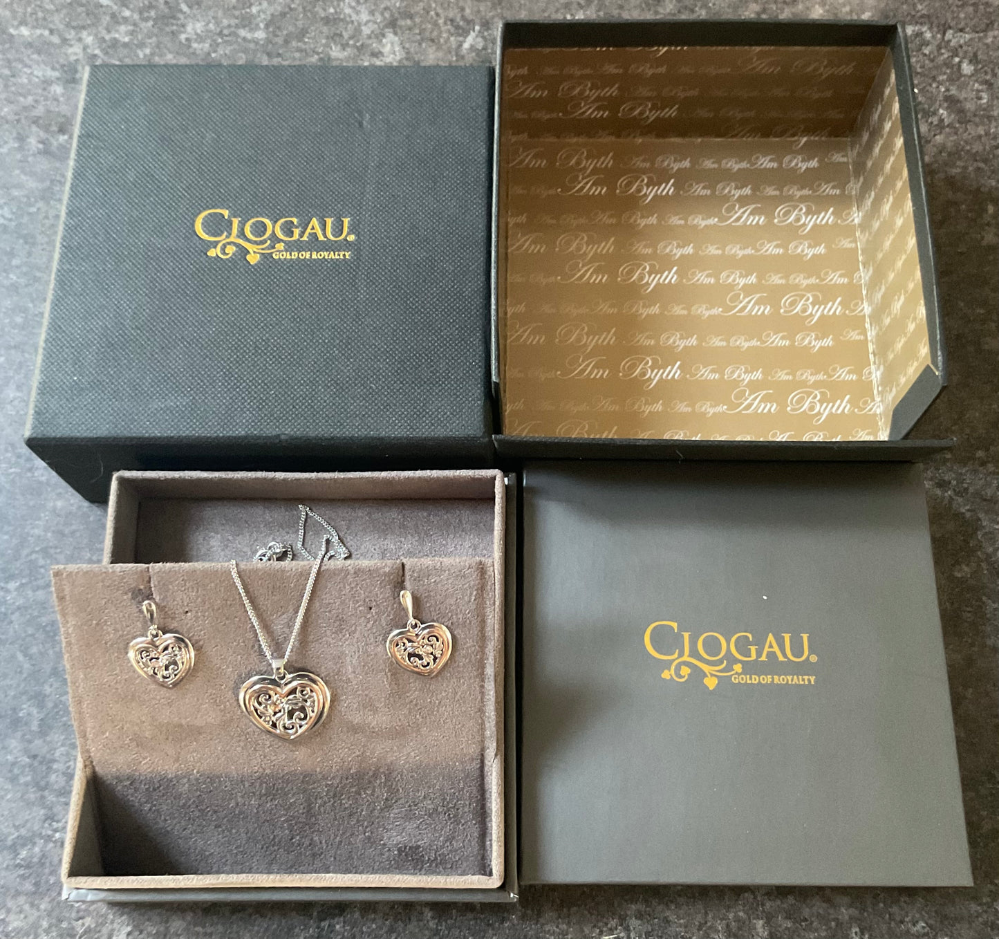 Clogau Tree of Life One Diamond Heart pendant necklace 18-22” and earrings set in silver and rose gold