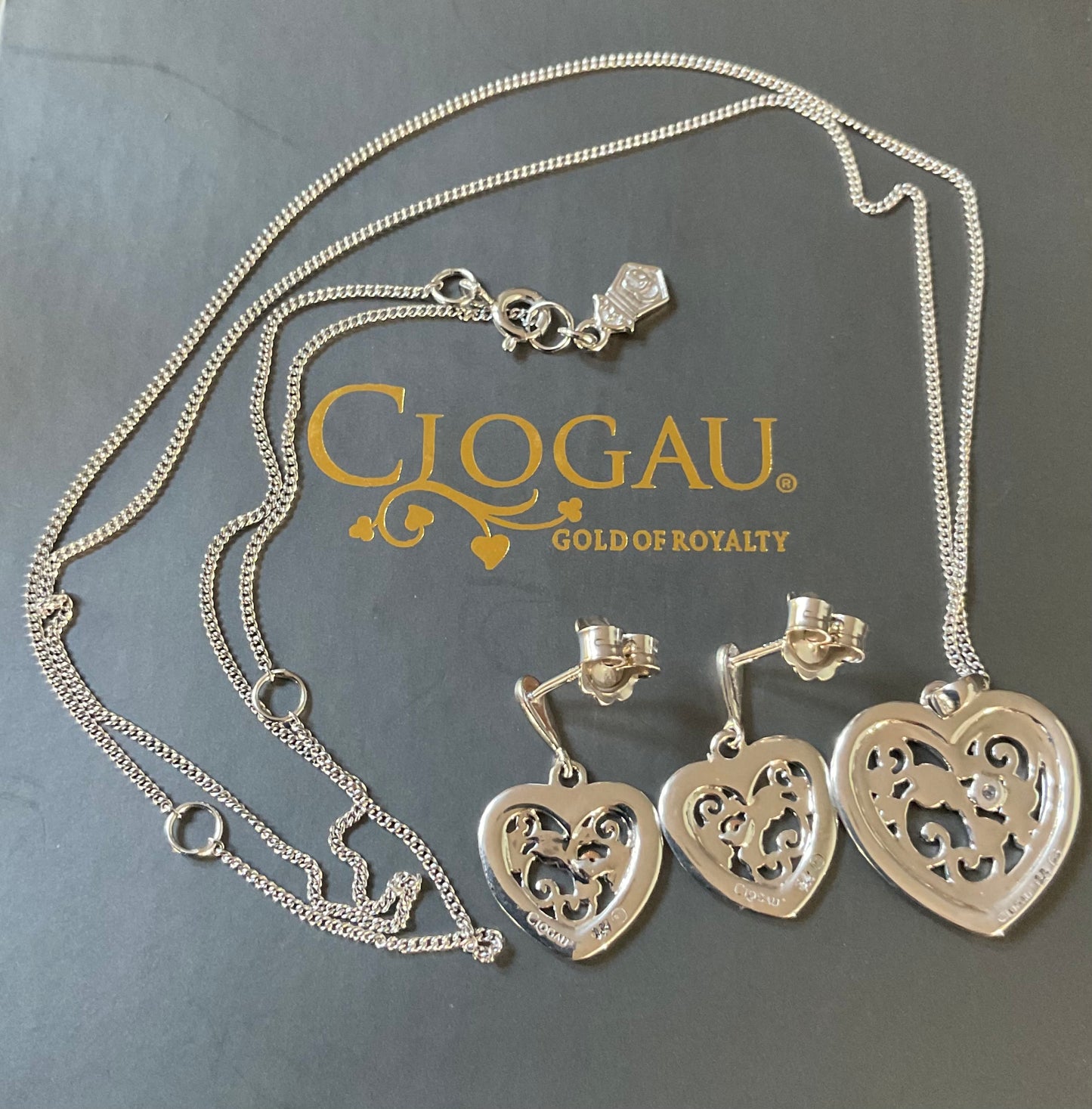 Clogau Tree of Life One Diamond Heart pendant necklace 18-22” and earrings set in silver and rose gold