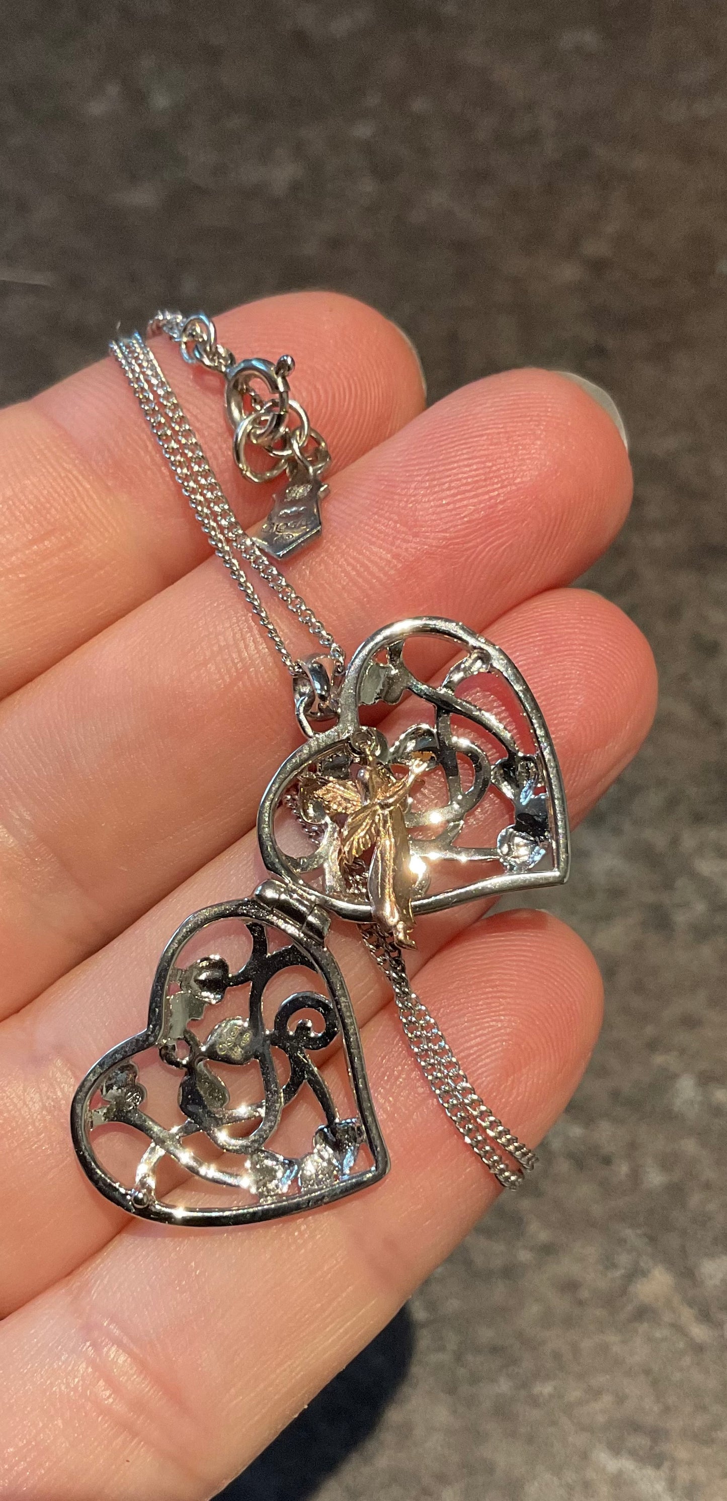 Clogau Tree of Life Fairy Heart Locket necklace in silver and rose gold 18”